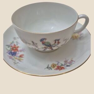 Carl Tielsch White Tea Cup Saucer Set 8pc Peasant Floral Antique 1920s Art Deco